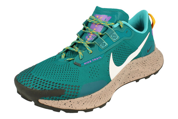 Nike pegasus trail 3 running shoes in a mystic teal colourway. Picture from the front.