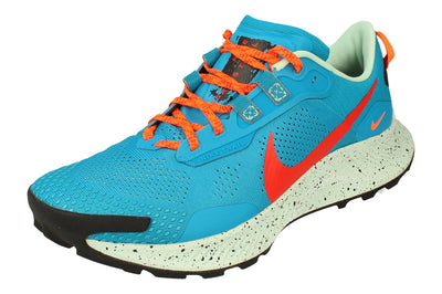 Nike Pegasus Trail 3 Mens Running shoe in a Laser Blue and Habanero Red colourway. This photo is taken from the front, left side.