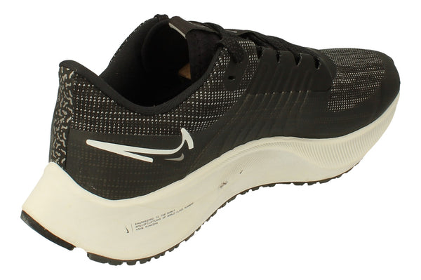 A front, left angle of the Nike Air Zoom Pegasus 38 Shields in a black platinum tint. This angle showcases the strong flynit material used to provide warmth. 